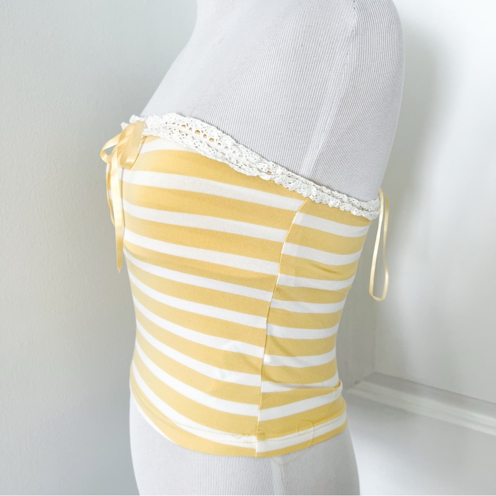 Urban Outfitters Yellow & White Striped Strapless Tube Top with Lace Trim S - Picture 2 of 4